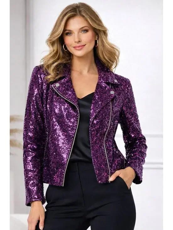 NWT Colleen Lopez Purple Sequin Moto Jacket Sparkly Evening Blazer Size XL - Picture 1 of 5